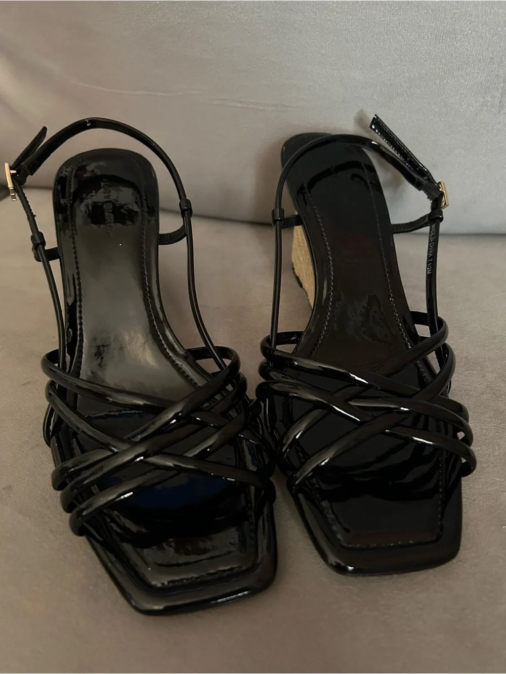 Tory Burch MULTI-STRAP ESPADRILLE WEDGE Black Patent Leather Sandals 7.5